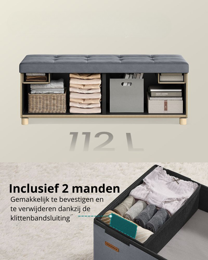 Nancy's Erbusco Opbergbank - Poef met Opbergruimte - Bankje - Grijs - Fluweel - ± 110 x 40 x 40 cm