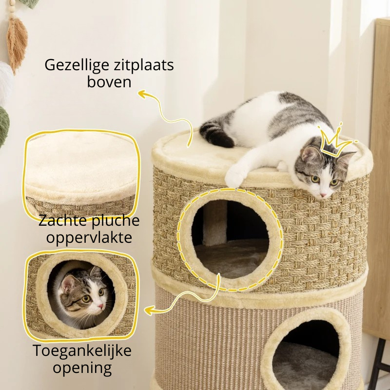 Nancy's Niella Krabpaal - Kattenhol - Kattenpaal - Kaki / Koffie - Pluche / Sisal - ± 45 x 45 x 80 cm