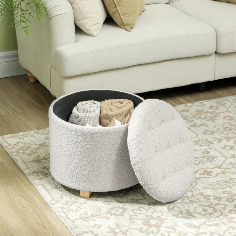 Nancy's Marene Opbergbank - Poef met opbergruimte - Krukje - Hocker - Wit - Teddy / Fleece Look - Ø45 x 41 cm