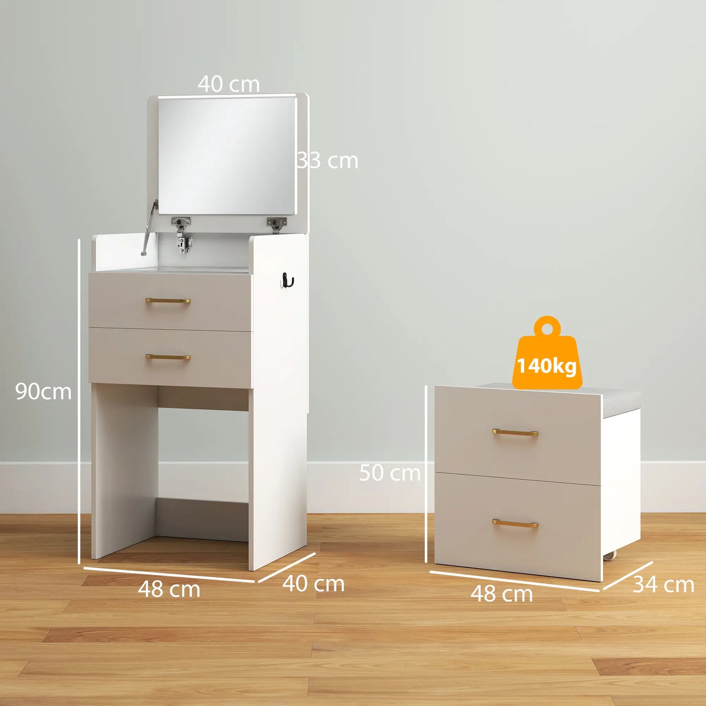 Nancy's Maniago Kaptafel - Make Up Tafel - Inclusief Kruk - Wit - ± 50 x 40 x 90 cm