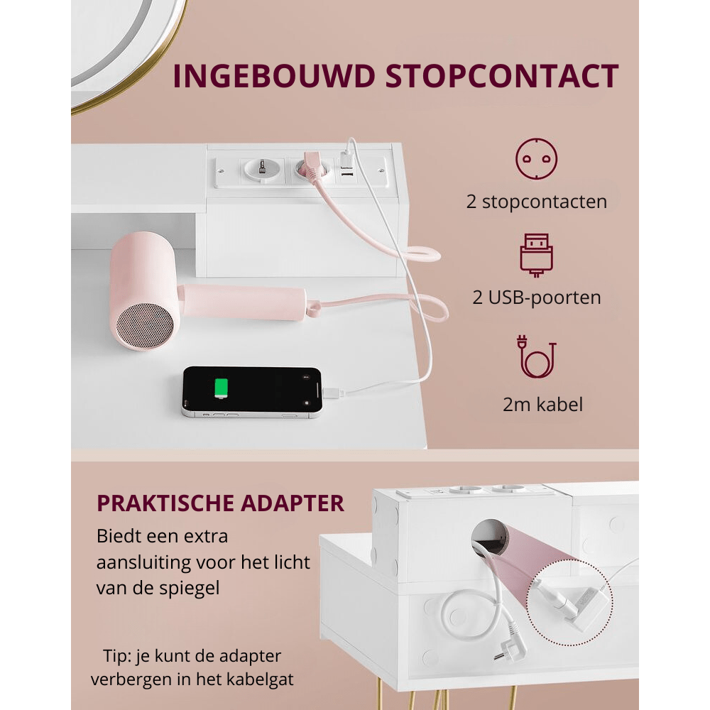 Nancy's Peso Kaptafel met Hocker - Make Up Tafel met Spiegel - Make Up Verlichting - Wit / Goud - ± 40 x 80 x 135 cm