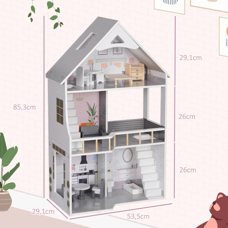 Nancy's Pechao Poppenhuis - Speelhuis - Inclusief Accessoires - Grijs - Dennenhout