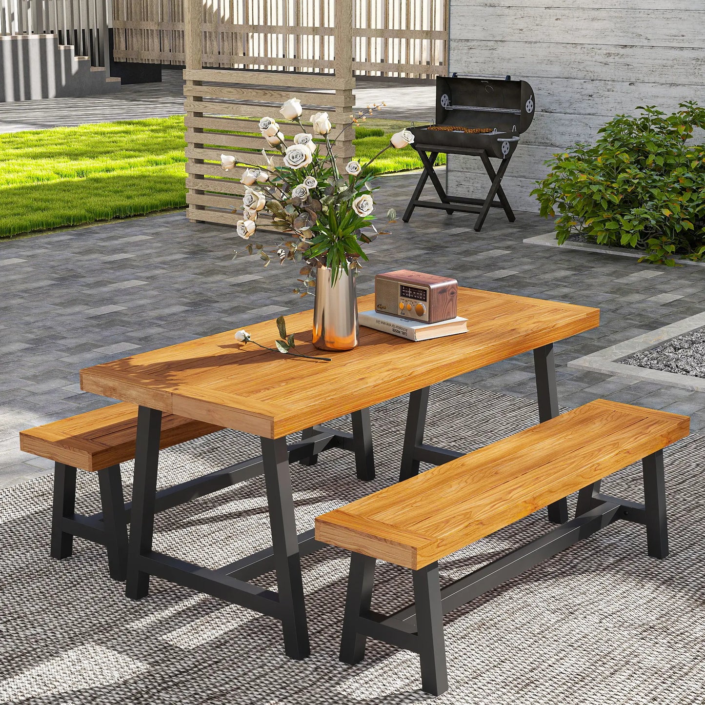 Nancy's Galliera Picknicktafel - Tuinset - Teak / Zwart - Dennenhout / Staal