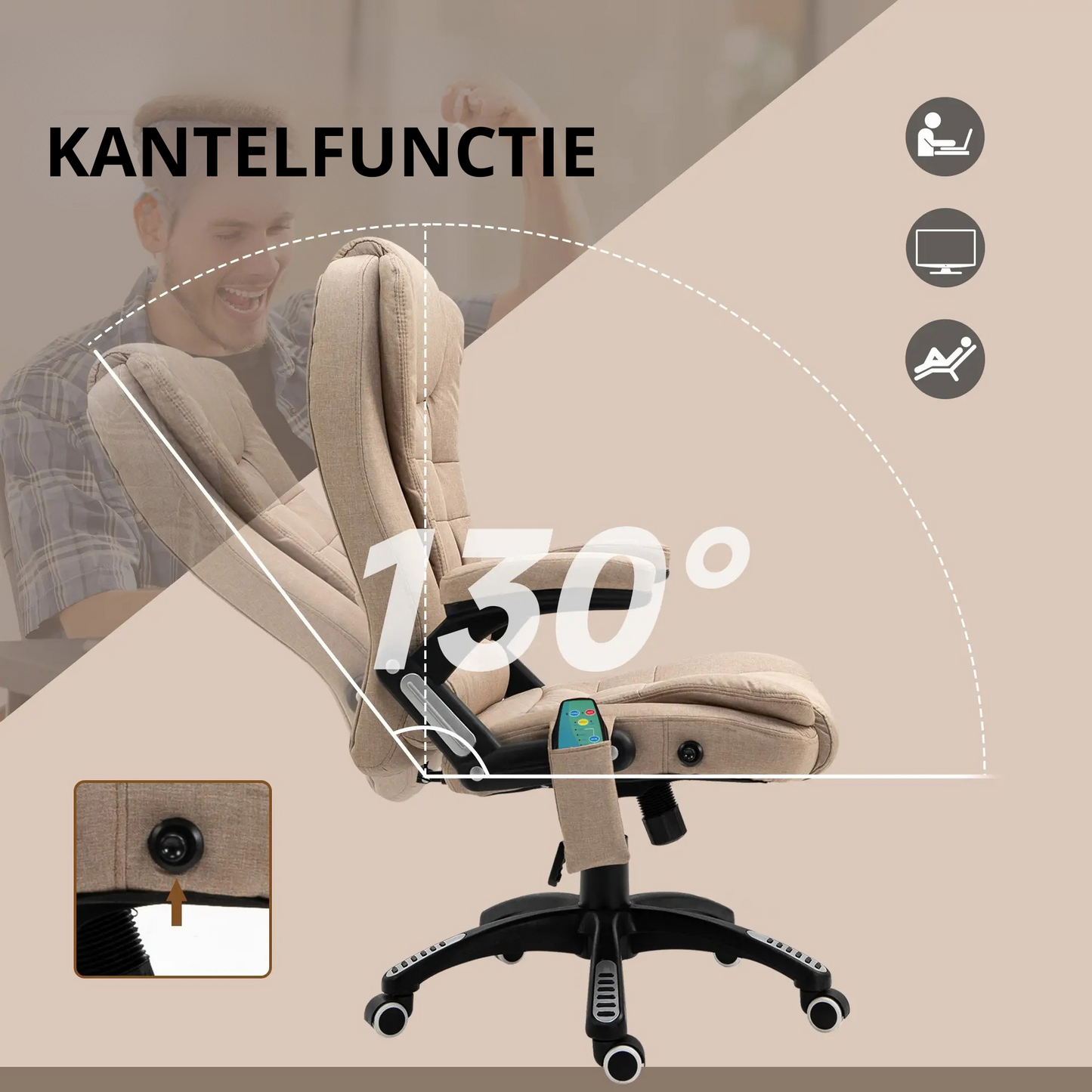Nancy's Candelária Massage Bureaustoel - Massage- en verwarmingsfunctie - Ergonomisch - Verstelbaar - Bruin - Linnen