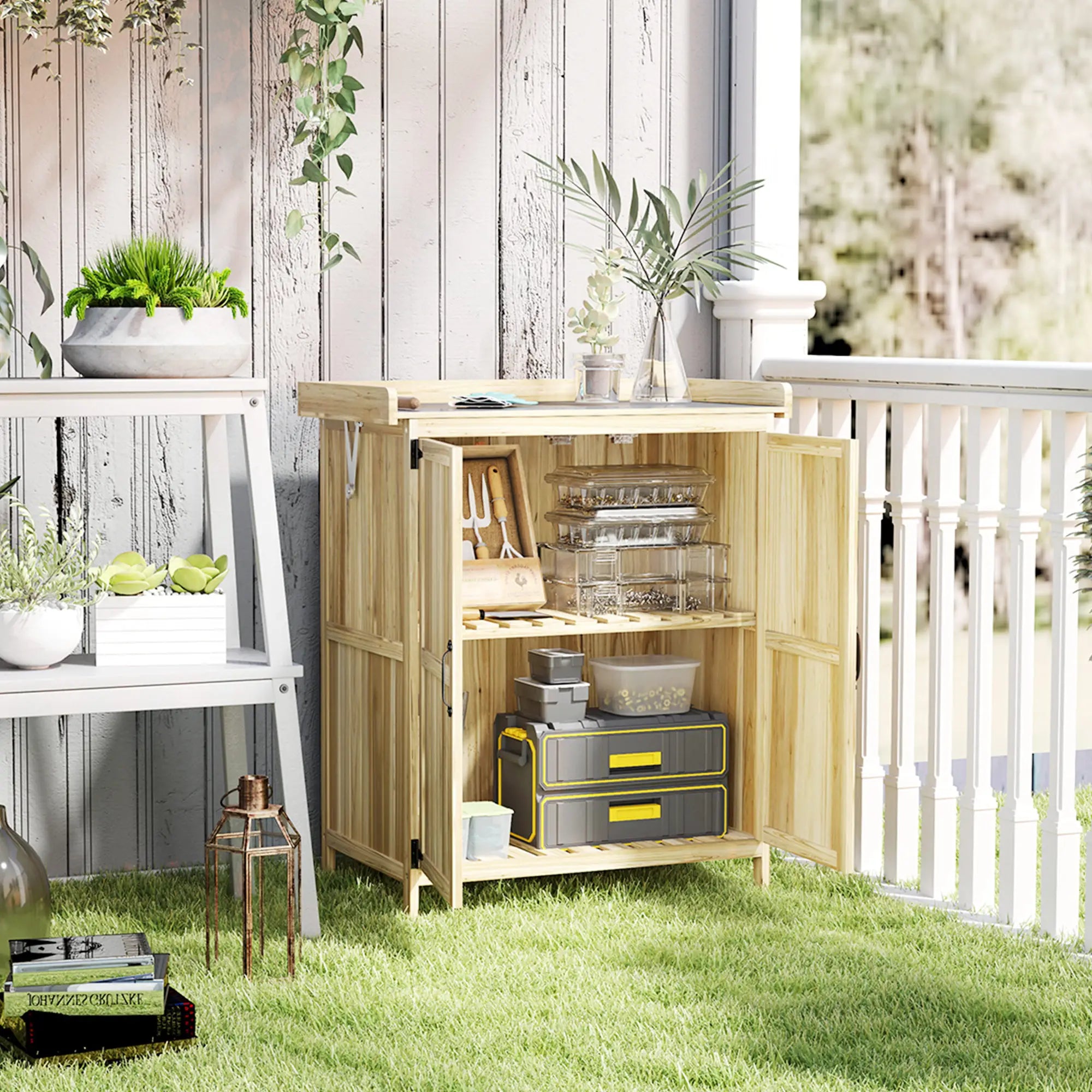 Nancy's Follina Planttafel - Tuinwerktafel - Tuinkast - Dennenhout - ± 75 x 45 x 90 cm
