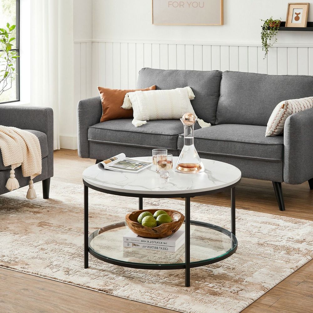 Nancy's Carlisle Coffee Table With White Marble Look Table Top - Black - Steel - Modern - ± 80 x 45 cm
