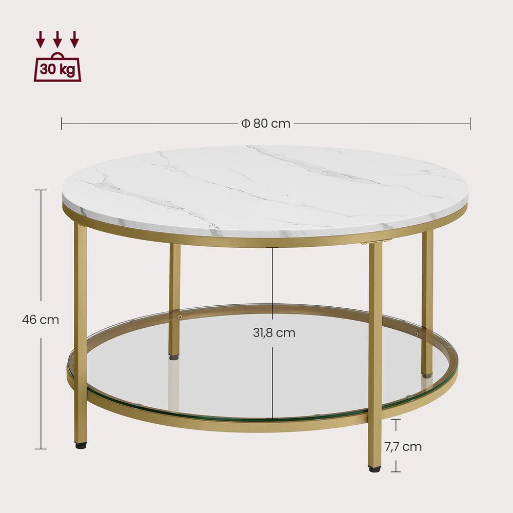 Nancy's Barnsley Salontafel Met Wit Marmerlook Tafelblad - Wit - Goud - Staal - Modern - ± 80 x 45 cm