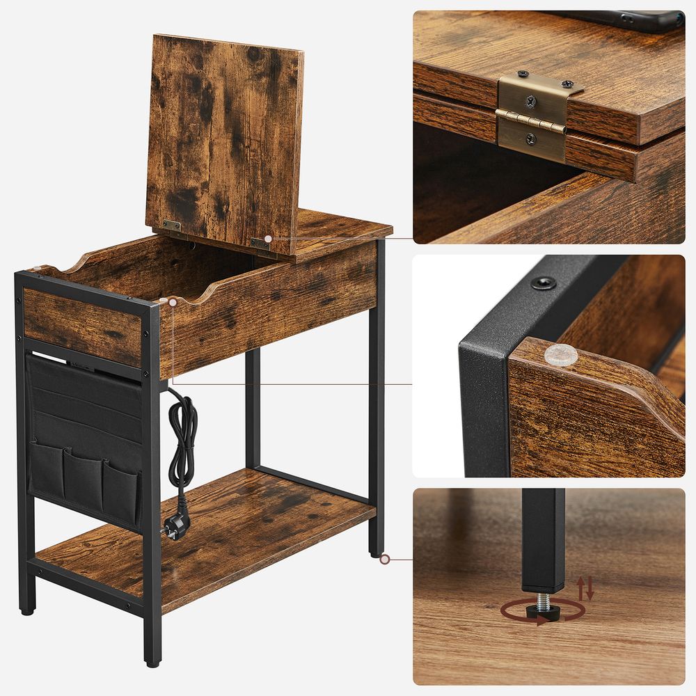 Nancy's Whiston Bijzettafel Met Stopcontacten- Zwart - Bruin - Staal - Industrieel - Nachtkastje - 60 x 31,5 x 60 cm L x B x H