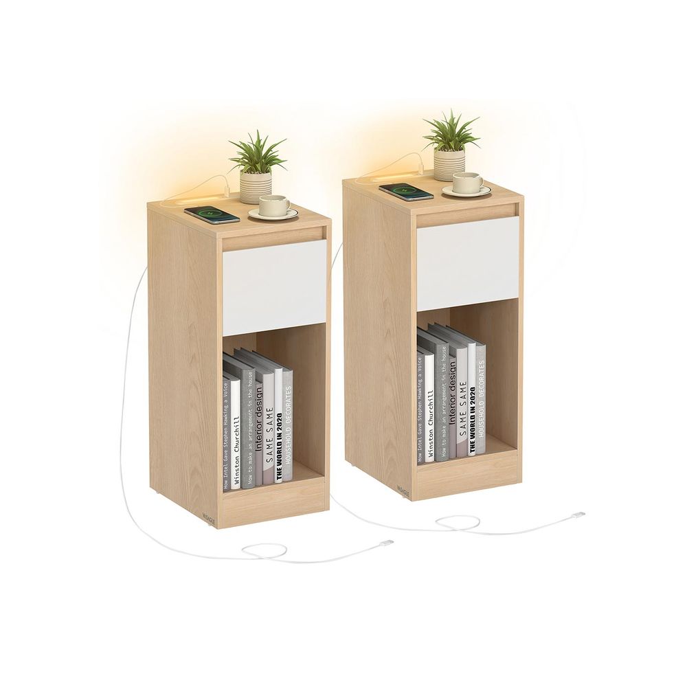 Nancy's Mincio Nachtkastjes - Set van 2 - LED-verlichting - Opladen en Opbergen - Beige/Wit - ± 25 x 30 x 60 cm