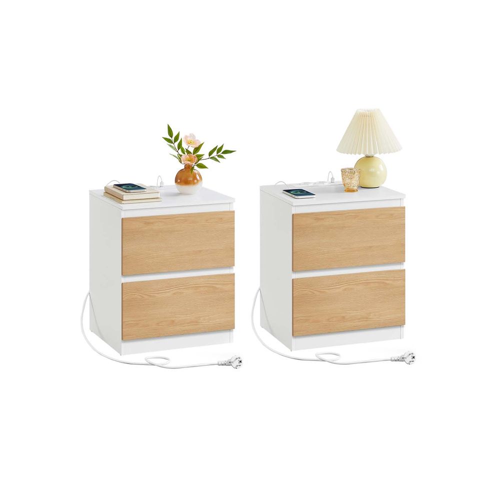 Nancy's Minerbe Nachtkastjes - Set van 2 - Ladekastjes - Oplaadstation - Beige / Wit - ± 40 x 35 x 50 cm