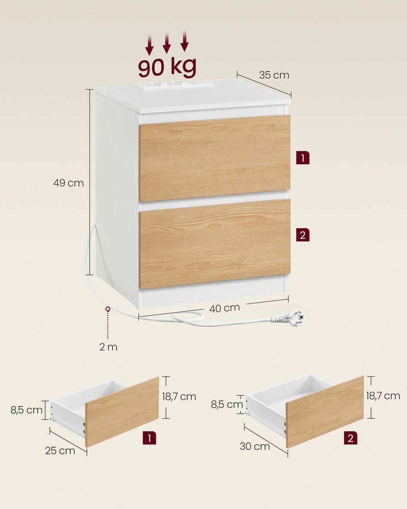 Nancy's Minerbe Nachtkastjes - Set van 2 - Ladekastjes - Oplaadstation - Beige / Wit - ± 40 x 35 x 50 cm