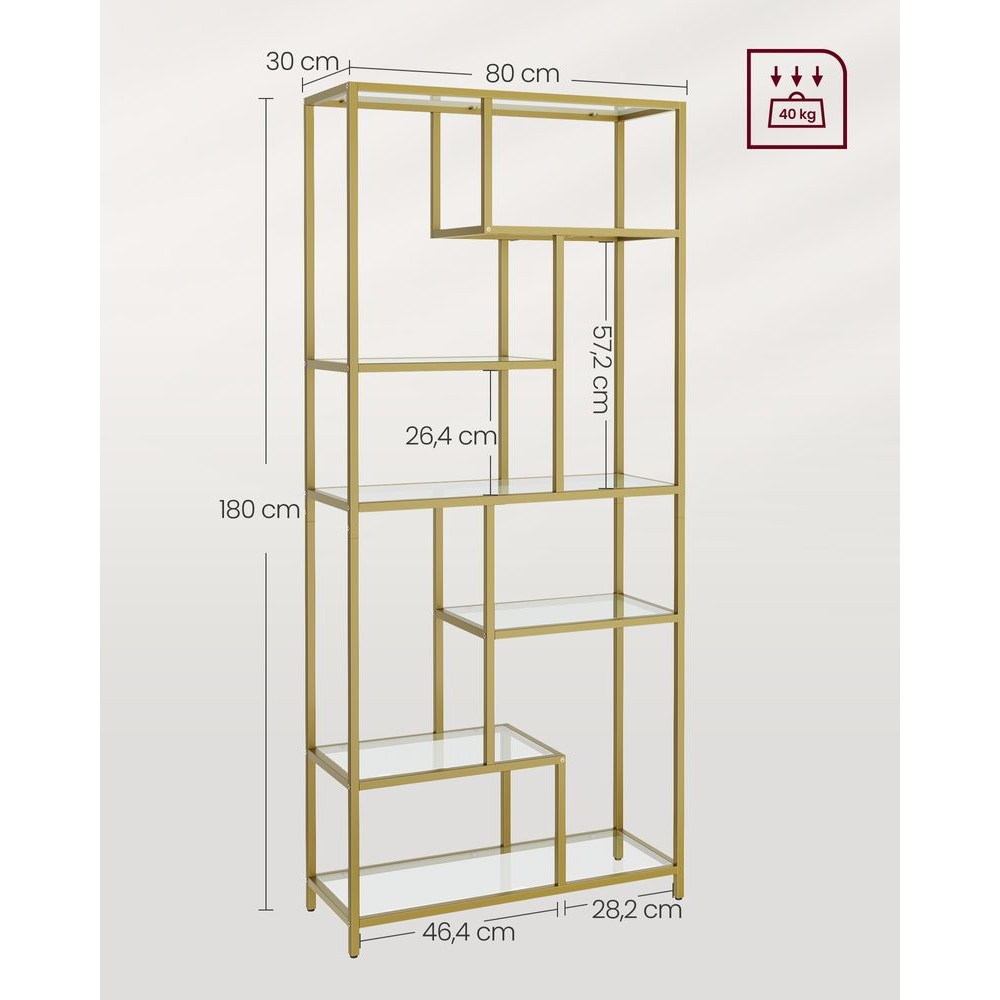 Nancy's Lara Boekenkast Goud Transparant - Wandkast - Opbergkast - Staande kast - 80 x 30 x 180 cm