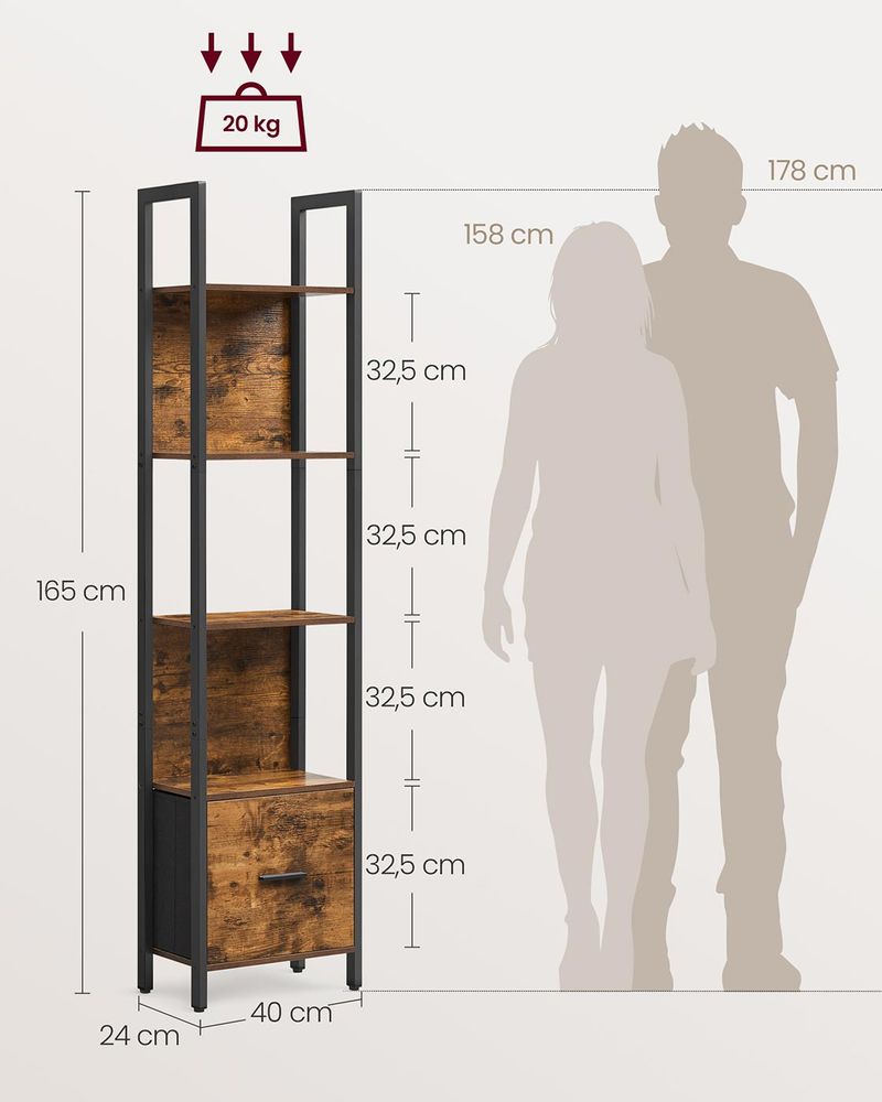 Nancy's Mercatino Boekenkast - Opbergkast - Vitrinekast - Vintage Bruin / Zwart - ± 40 x 25 x 165 cm