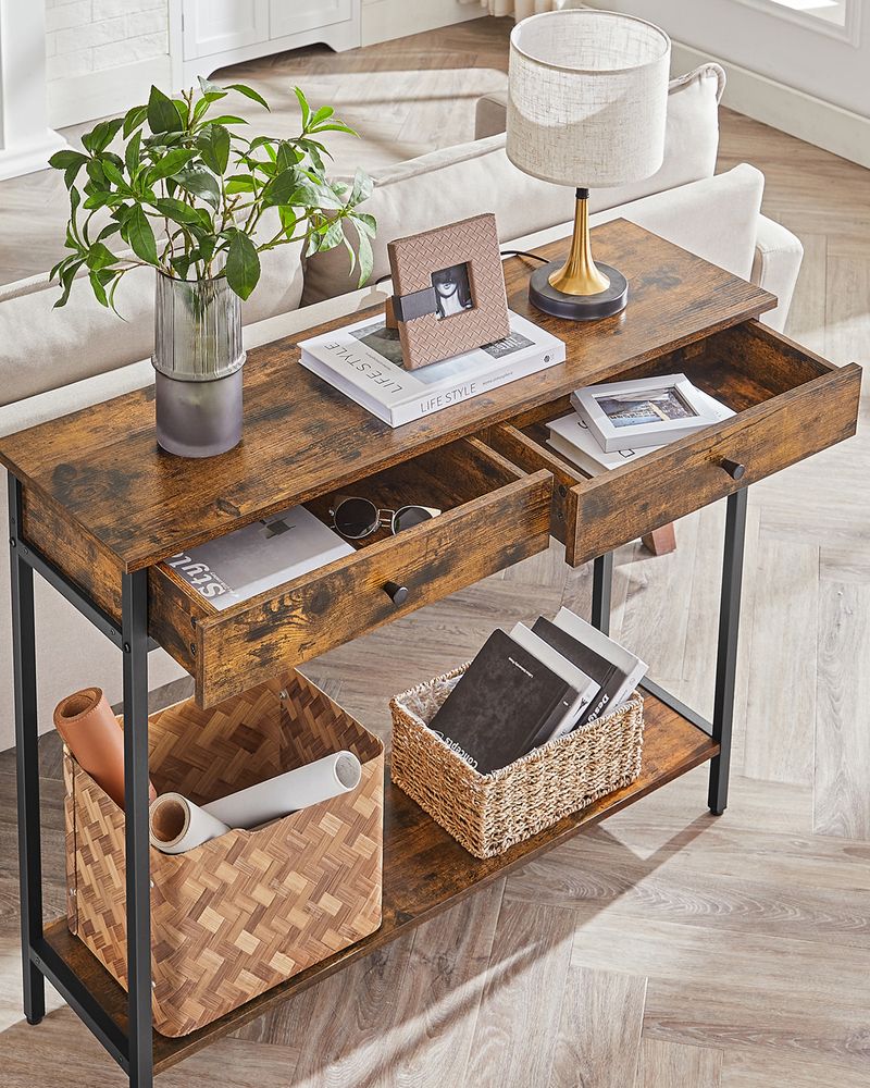 Nancy's Sandbach Consoletafel Met Laden - Industrieel - Zwart - Bruin - Dressoir - Bijzettafel - 100 x 30 x 80 cm L x B x H