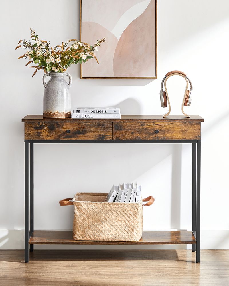 Nancy's Sandbach Consoletafel Met Laden - Industrieel - Zwart - Bruin - Dressoir - Bijzettafel - 100 x 30 x 80 cm L x B x H