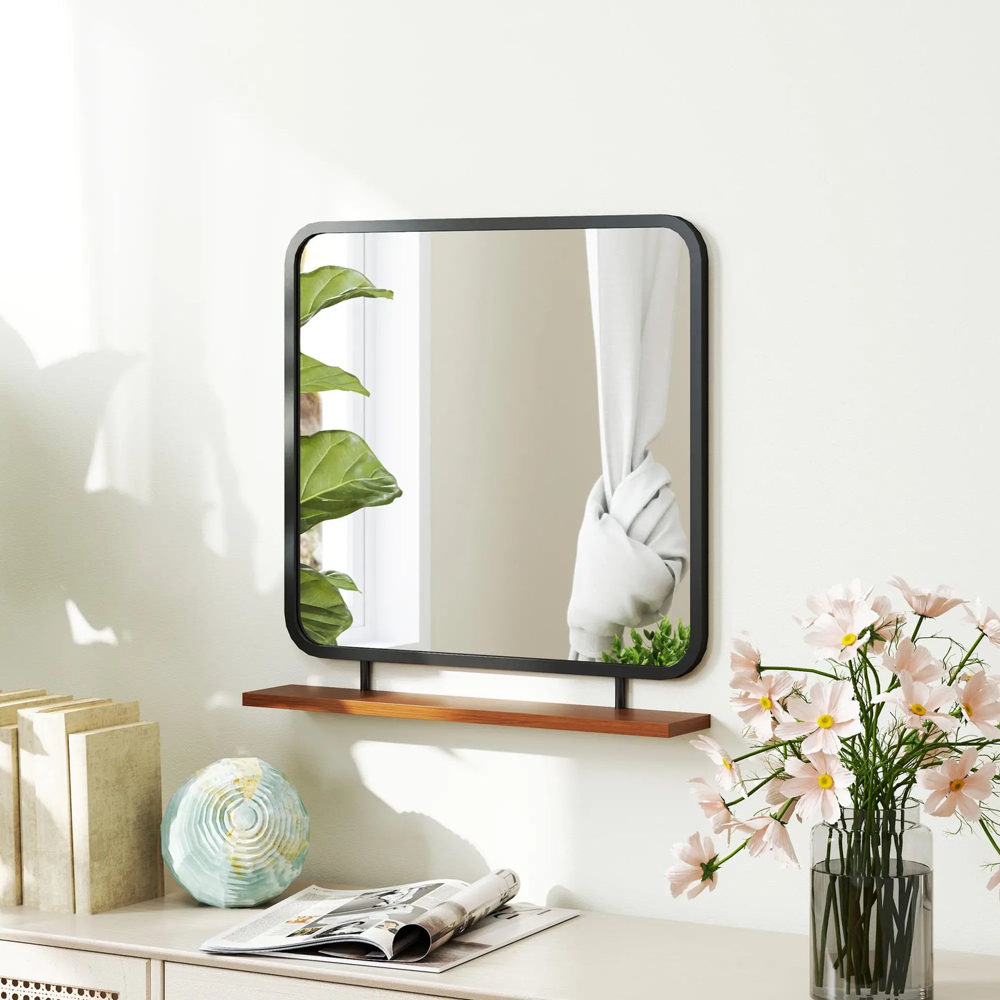 Nancy's Freixo Spiegel - Wandspiegel - Hangspiegel - Zwart - Staal/Glas/Hout - ± 55 x 55 mc