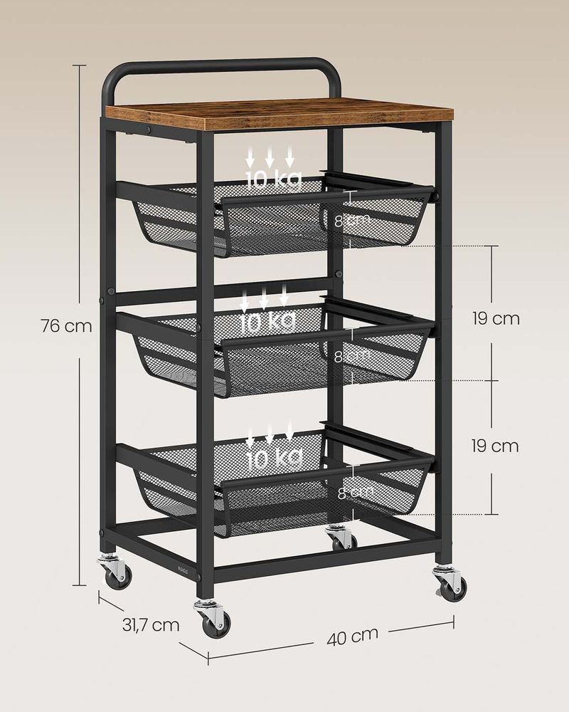 Nancy's Olbia Keukentrolley - Serveerwagen - Keukenrek - Vintage Bruin / Zwart - ± 40 x 30 x 75 cm