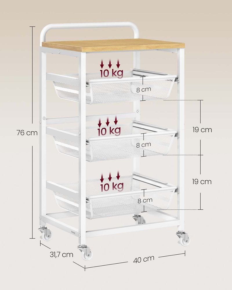 Nancy's Olbia Keukentrolley - Serveerwagen - Keukenrek - Eikenhout / Wit - ± 40 x 30 x 75 cm