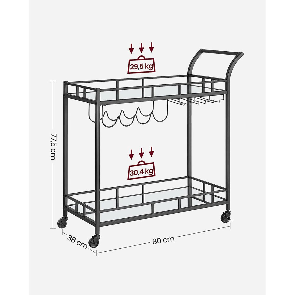 Nancy's Oundle Keukentrolley Zwart- Bartrolley - Serveerwagen - Trolley op wielen - Staal - Glas - Modern -  80 x 38 x 77,5 cm