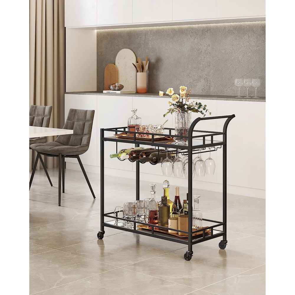 Nancy's Oundle Keukentrolley Zwart- Bartrolley - Serveerwagen - Trolley op wielen - Staal - Glas - Modern -  80 x 38 x 77,5 cm