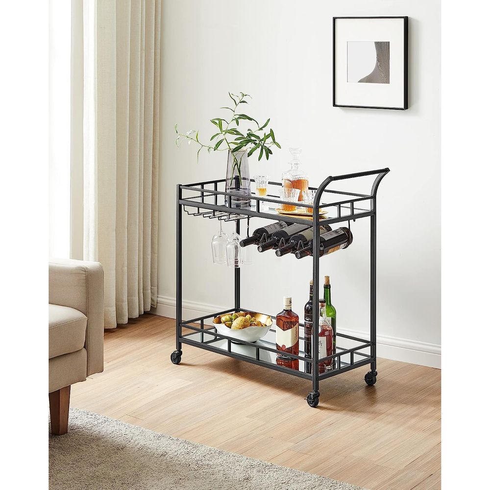 Nancy's Oundle Keukentrolley Zwart- Bartrolley - Serveerwagen - Trolley op wielen - Staal - Glas - Modern -  80 x 38 x 77,5 cm