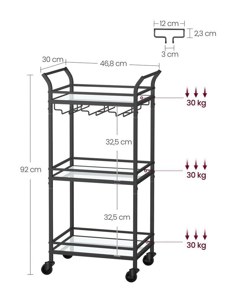 Nancy's Redcar Keukentrolley Zwart- Serveerwagen - Bartrolley - Modern - Staal - Spiegelglas - 46,8 x 30 x 92 cm