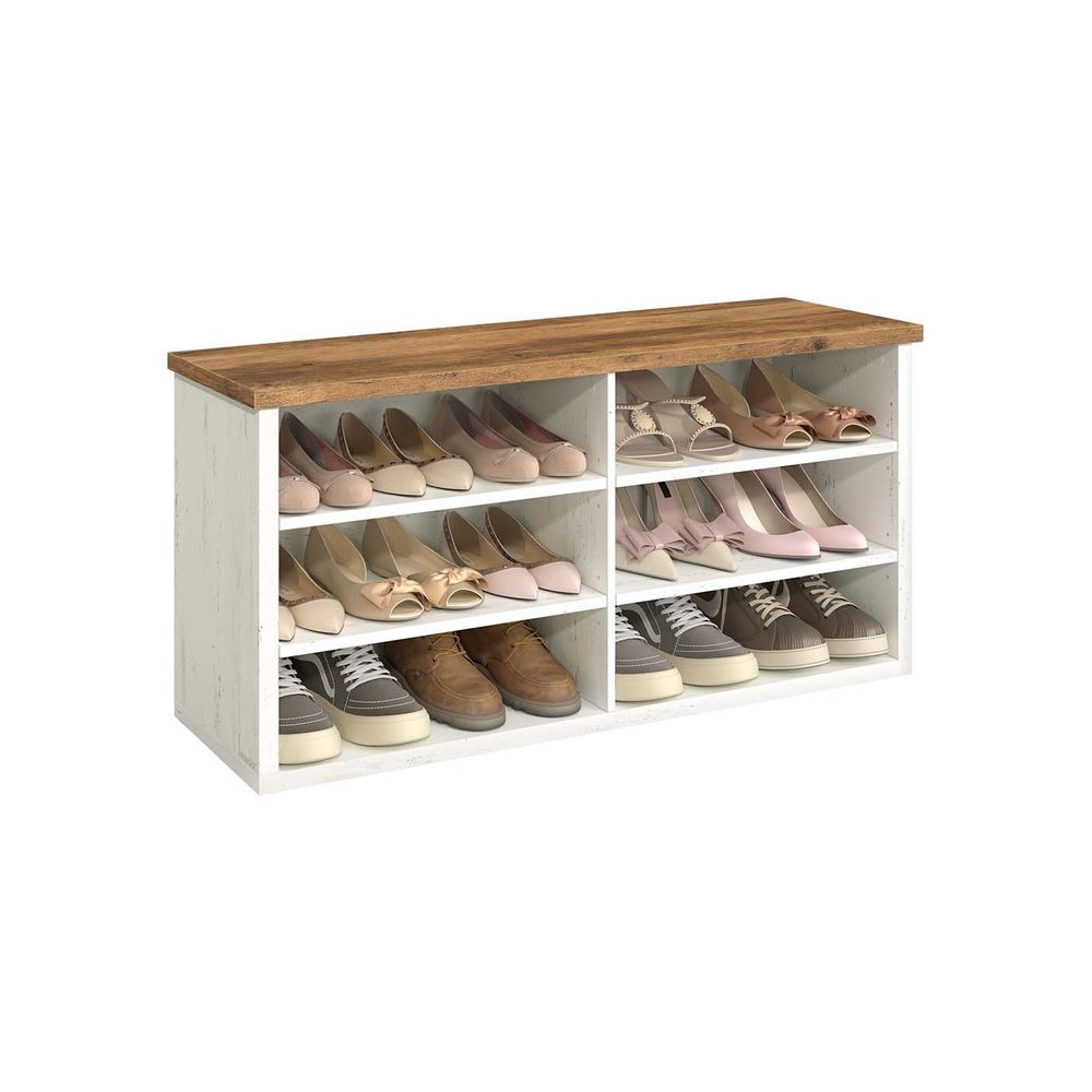 Nancy's Offagna Schoenenkast - Schoenenrek - Opbergkast voor schoenen - Vintagewit / Honingbruin - ± 100 x 30 x 50 cm