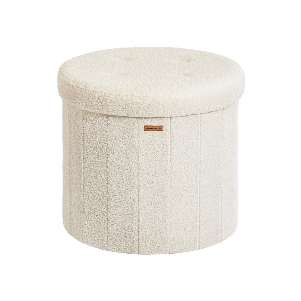 Nancy's Merano Opbergbank - Poef met opbergruimte - Krukje - Hocker - Crèmewit - Fleece - Ø 46 x 45 cm