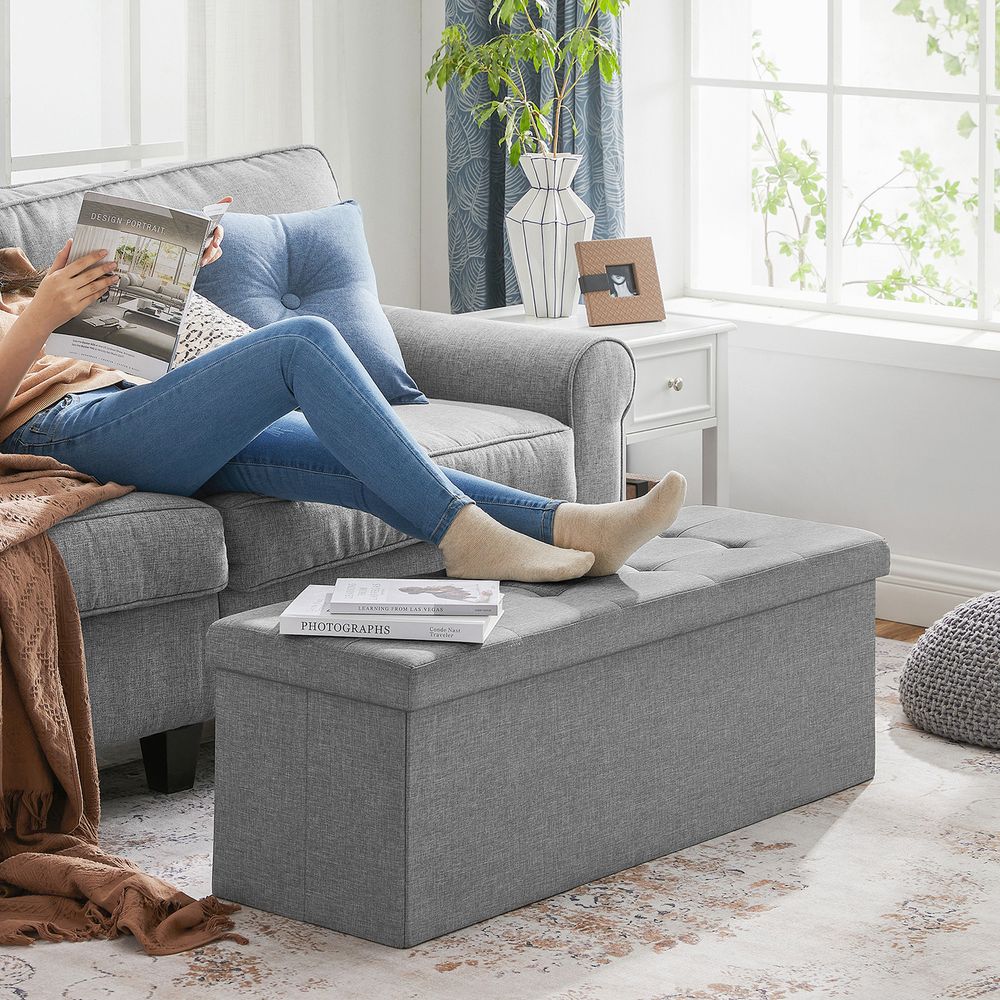 Nancy's Hocker – Poef Met Opbergruimte - Kist - Bank - Opberger - Lichtgrijs - ± 110 x 40 x 40 cm