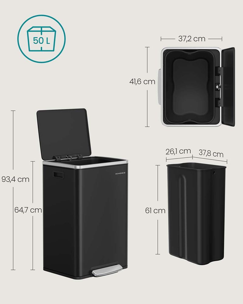 Nancy's Minori Pedaalemmer - Prullenbak - Afvalbak - Zwart - 50 Liter