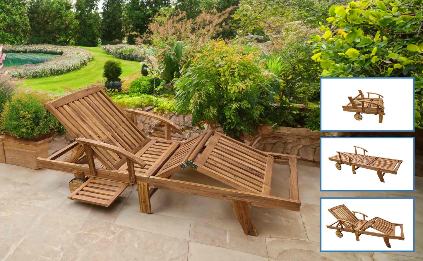 Nancy's Westerholt Ligbed verstelbaar - Acaciahout - lounge bed - Opvouwbare ligstoel - Met uitschuifbare tafel - Bruin