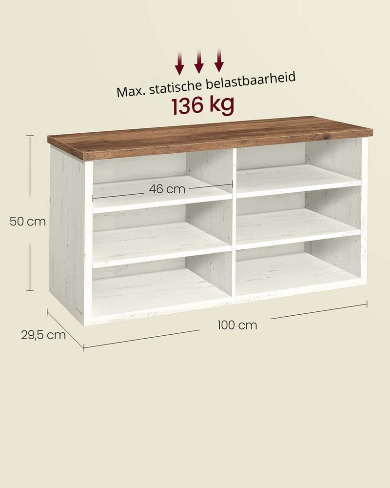 Nancy's Offagna Schoenenkast - Schoenenrek - Opbergkast voor schoenen - Vintagewit / Honingbruin - ± 100 x 30 x 50 cm