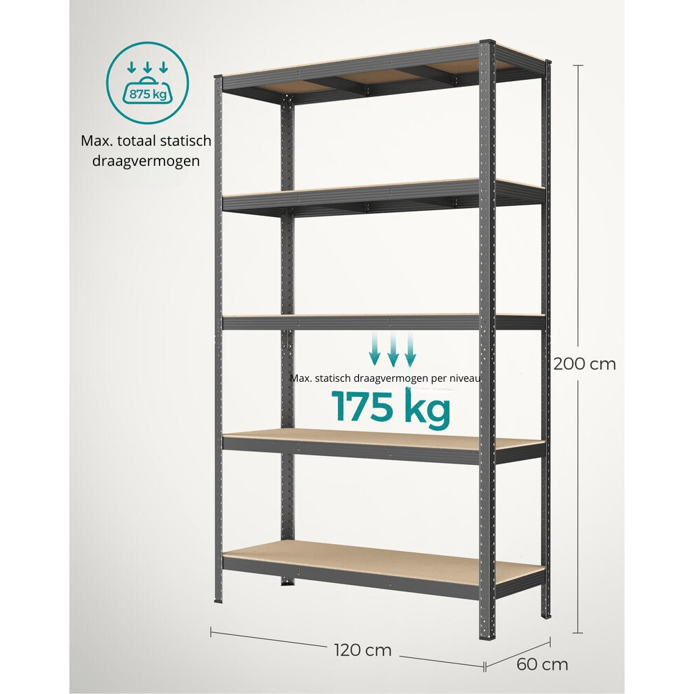 Nancy's Brescia Stellingkast Extra Diep - Opbergkast - Stellingrek - Grijs - Staal - 120 x 60 x 200 cm