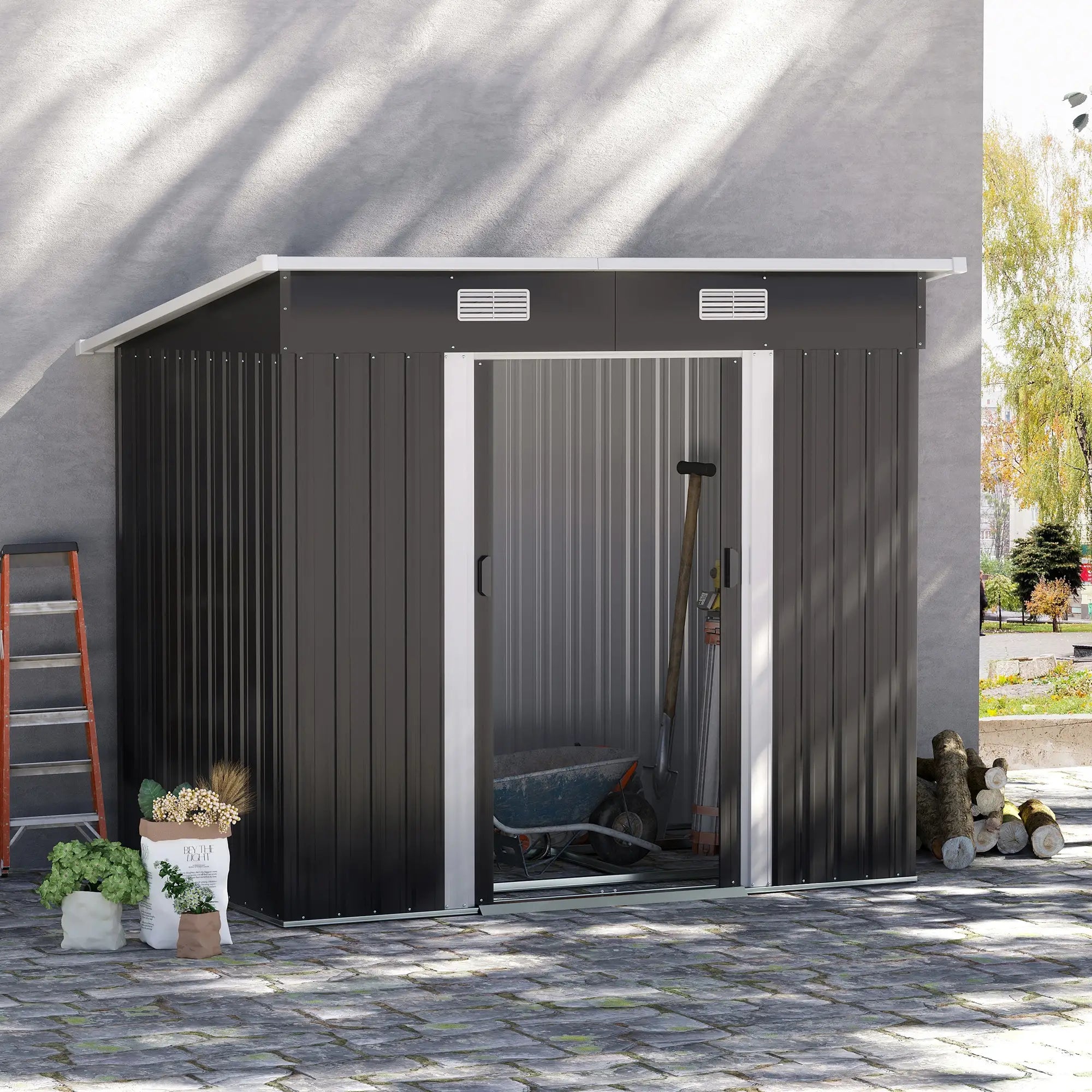 Nancy's Lemie Opbergschuur - Tuinschuur - Gereedschapsschuur - Zwart - Staal - ± 205 x 130 x 180/160 cm