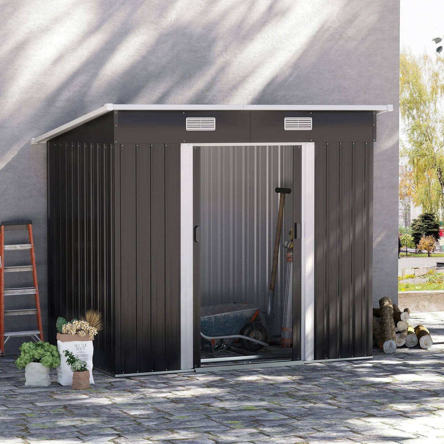 Nancy's Lemie Opbergschuur - Tuinschuur - Gereedschapsschuur - Zwart - Staal - ± 205 x 130 x 180/160 cm