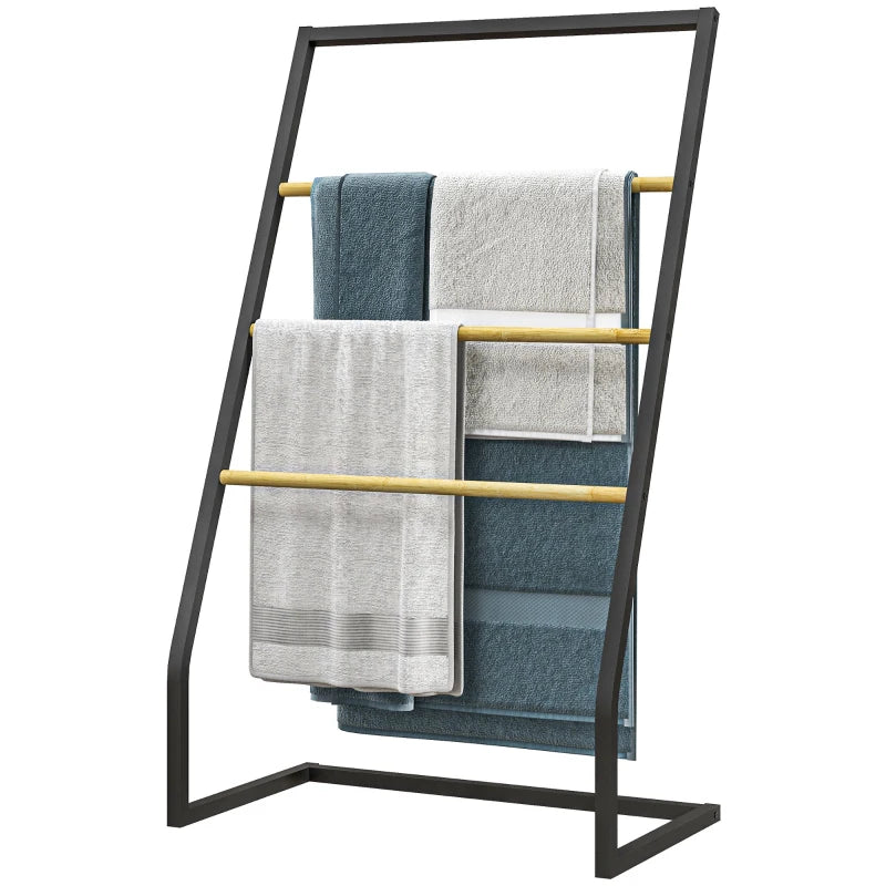 Porte-serviettes autoportant Sabueuiro de Nancy - Porte-serviettes de salle de bain - 4 couches - Noir / Bois - Acier / Bambou
