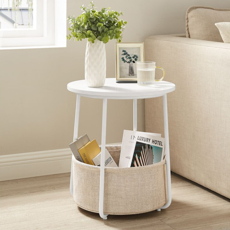 Nancy's Bossico Side Table - Bedside Table - With Storage Basket - White / Beige - Ø 45 x 50 cm