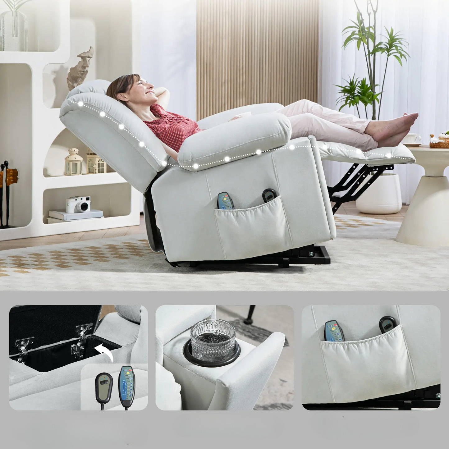 Nancy's Escalhao Sta op stoel - Opsta stoel - Seniorenstoel - Massagestoel - Relaxfauteuil - Lichtgrijs - Fluweel