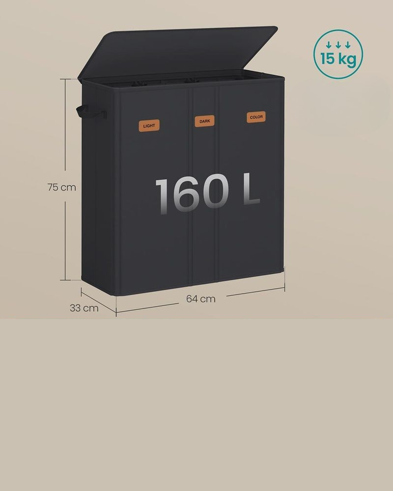 Nancy's Molinella Wasmand - Wasbox - Was sorteerder - 3 vakken - Zwart - 160 Liter