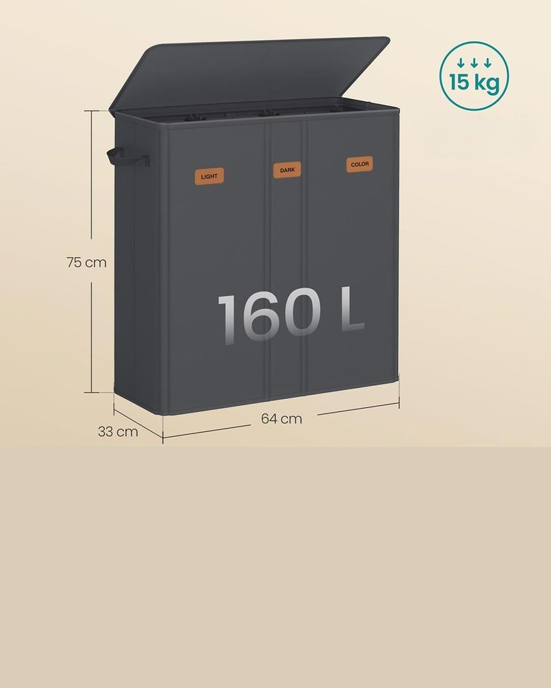 Nancy's Molinella Wasmand - Wasbox - Was sorteerder - 3 vakken - Donkergrijs - 160 Liter