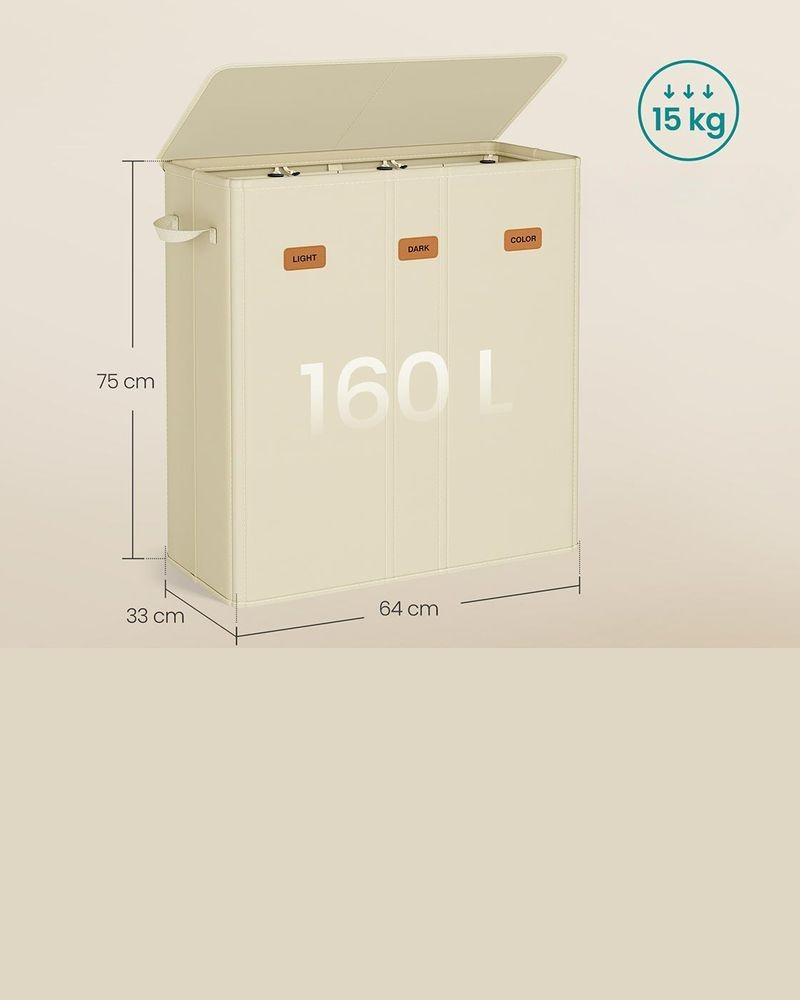 Nancy's Molinella Wasmand - Wasbox - Was sorteerder - 3 vakken - Crèmewit - 160 Liter