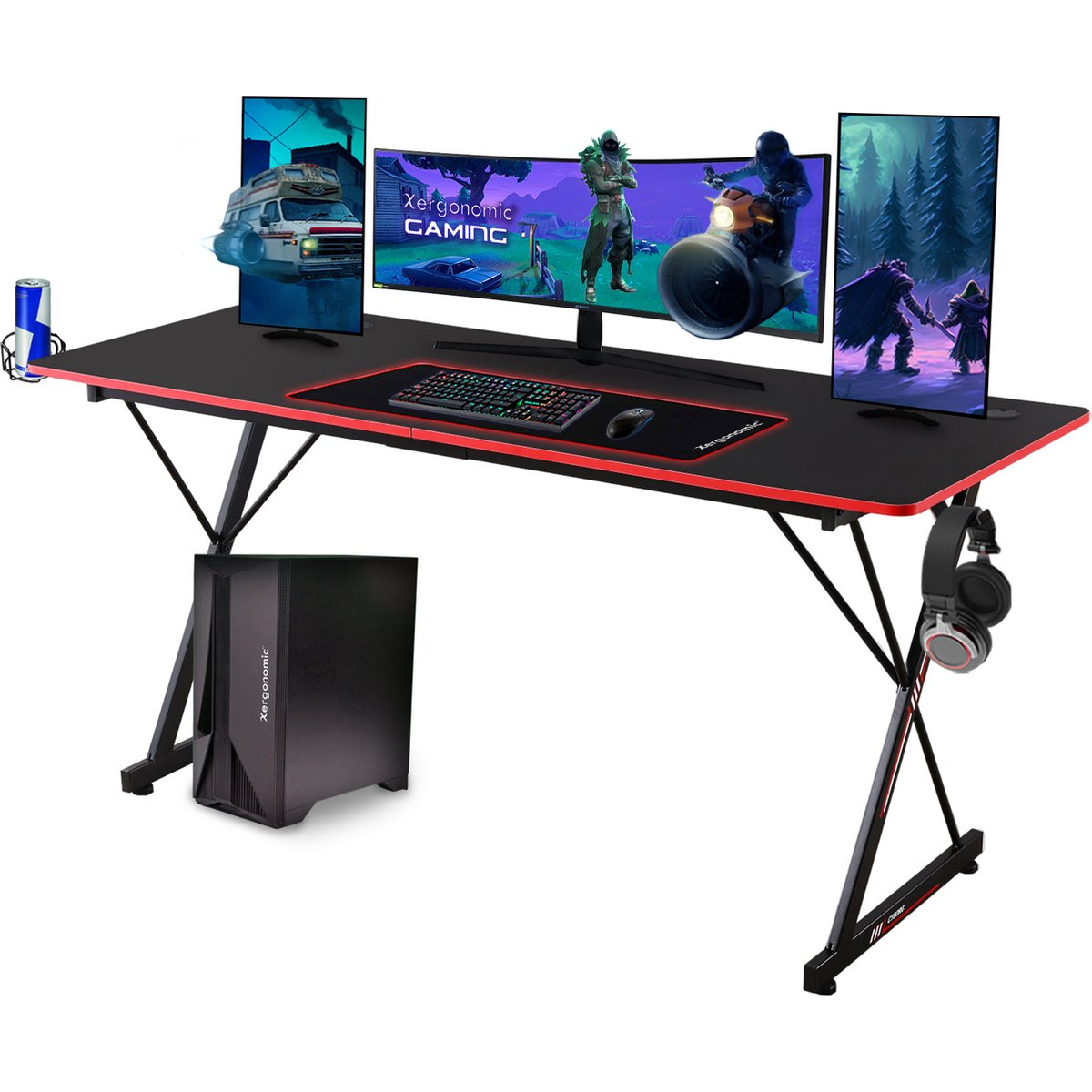 Xergonomic Aion Cyborg Gaming bureau - Koptelefoonhouder, bekerhouder & Kabel organizer - Carbon Fiber Coated Toplaag - Verstelbare poten - D60xB160xH75 cm - Zwart/Rood