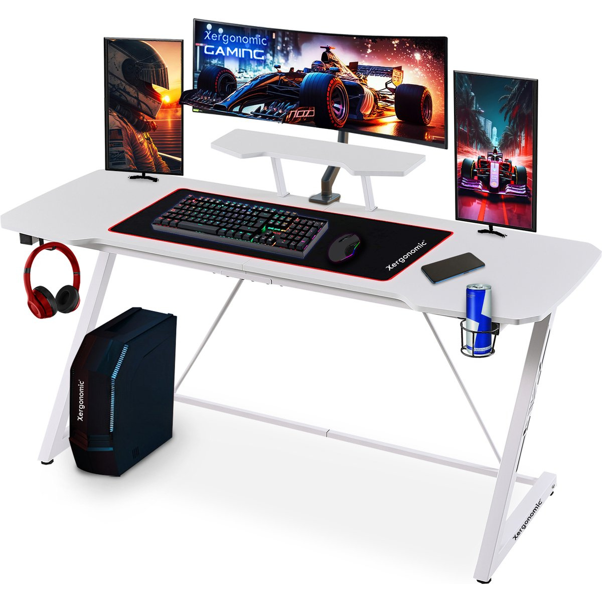 Xergonomic Morpheus Subzero Gaming bureau - Game Desk - Koptelefoonhouder, bekerhouder & monitorstandaard - Carbon Fiber Coated Toplaag - D58xB160xH74,5-92 cm - Wit