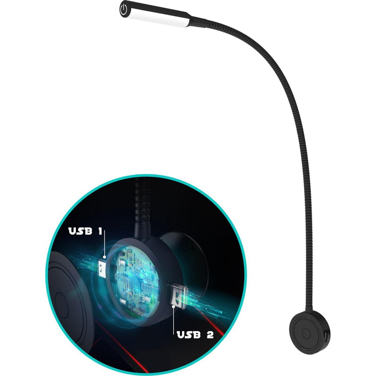 Bolt Electronics® Lampe de lecture LED à intensité variable avec deux ports USB 1 pièce Noir