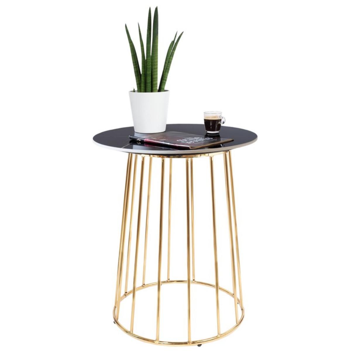 Casamoda Bijzettafel - Salontafel - Gouden Frame - Marmer - Stenen Tafelblad Rond - Zwart - Ø 60 x 70 cm