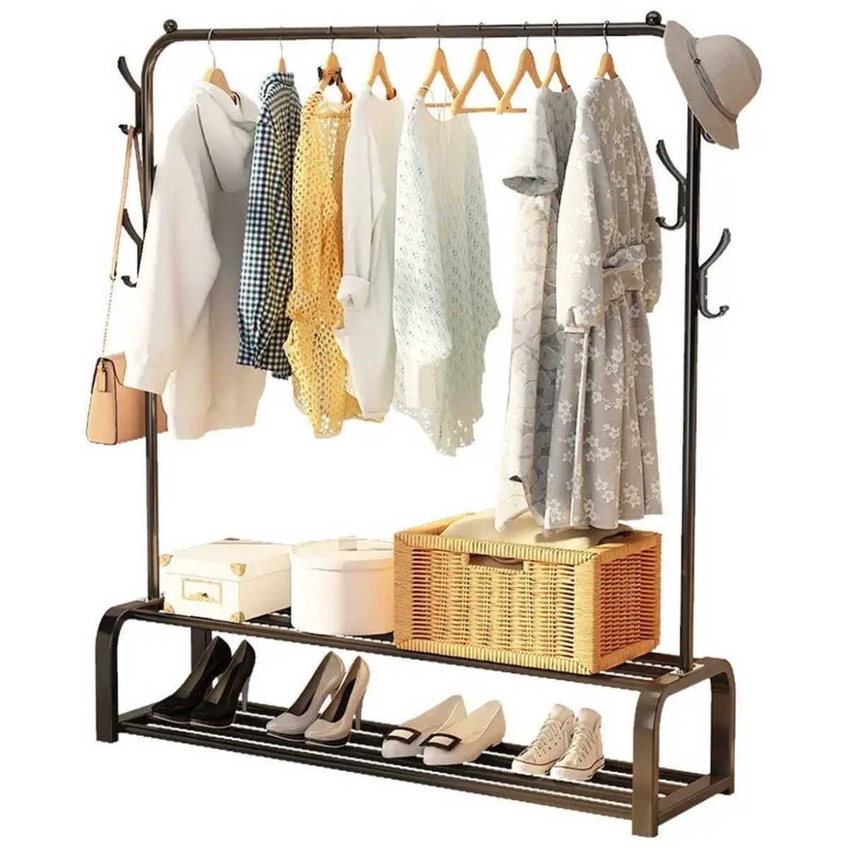 Eleganca Kledingrek - Kledingstang met 2 Planken en 8 Haken - Garderoberek - Zwart - Staal - 110 x 40 x 150 cm