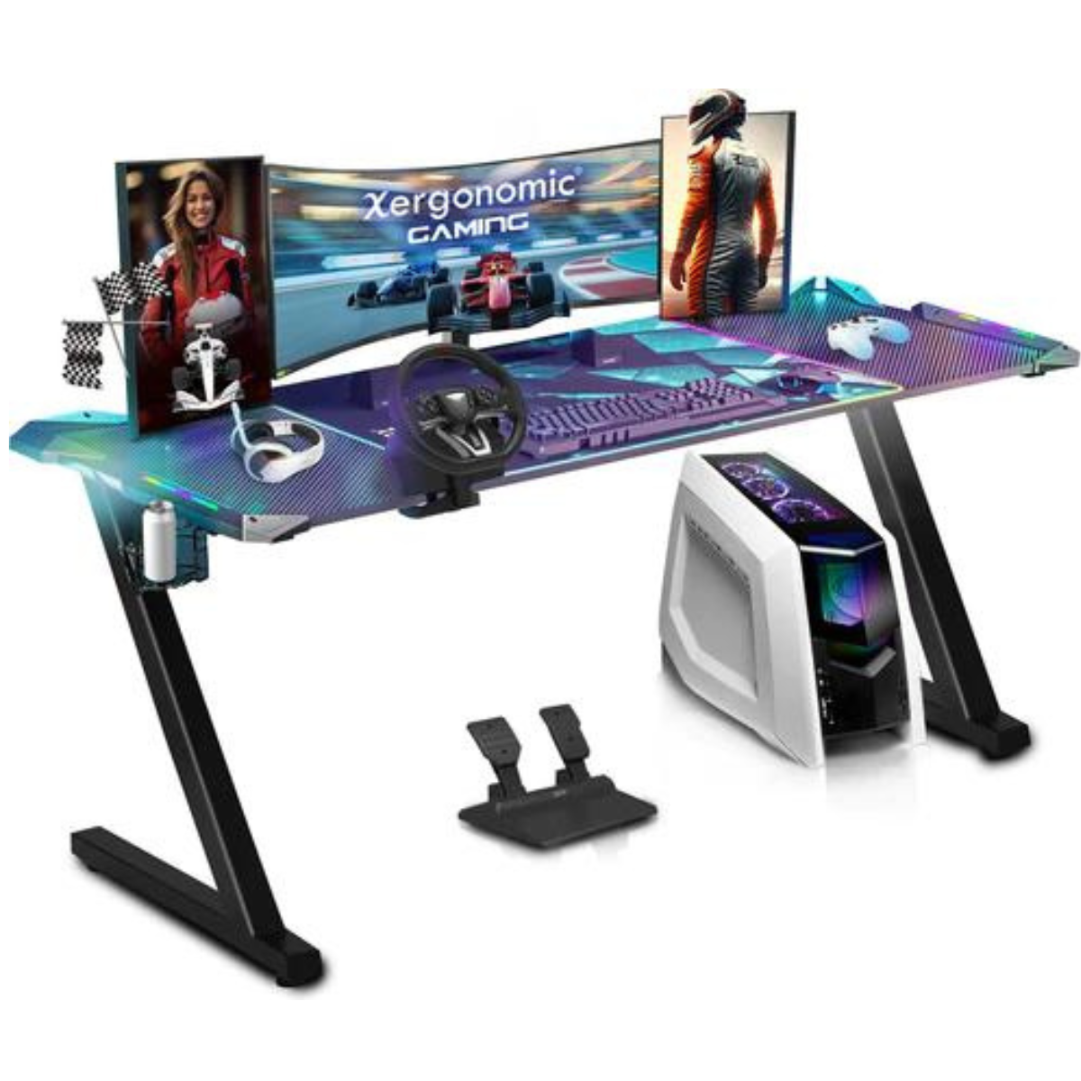 Tweedekans Xergonomic Aurora Gaming Desk - Carbonfiber look - Computer Tafel - LED-Verlichting - Incl. beker-, koptelefoonhouder en kabelorganizer - 62 x 160 x 75 cm - Zwart