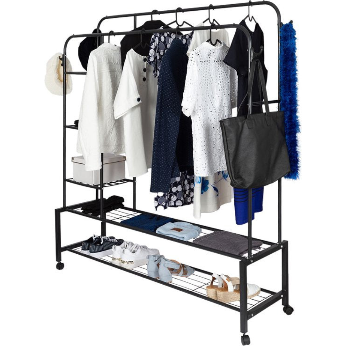 Eleganca Kledingrek - Garderoberek - Kledingstang - 2 Stangen en 4 Ophanghaken - Zwart - Staal - 150 x 50 x 162 cm
