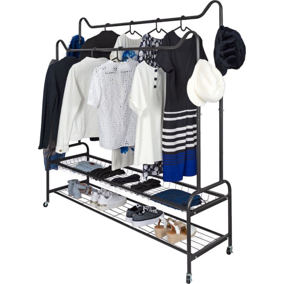 Eleganca Kledingrek - Kledingstang - Garderoberek - 2 Stangen en 4 Ophanghaken - Zwart - Staal - 150 x 45 x 170 cm