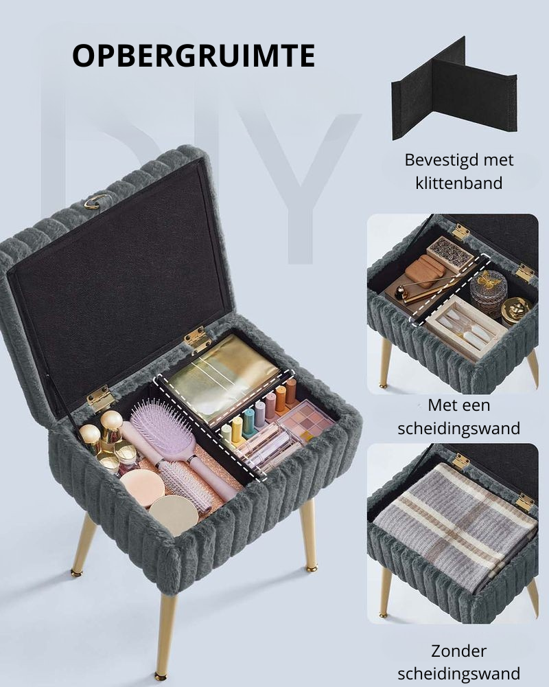 Nancy's Ospedaletto Make-Up Krukje - Hocker - Make Up Tafel Kruk met Opbergruimte - Grijs - 30 x 40 x 50 cm